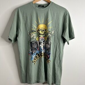 ALLSAINTS Mens XLGreen Skull Sun Graphic T Shirt Short Sleeve Crew Neck Grunge